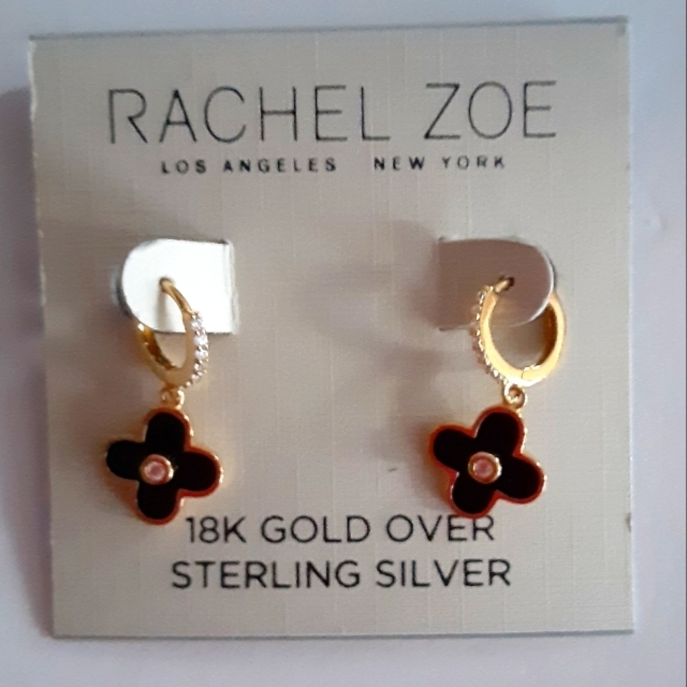 Rachel Zoe Clover Huggie Earrings Black New